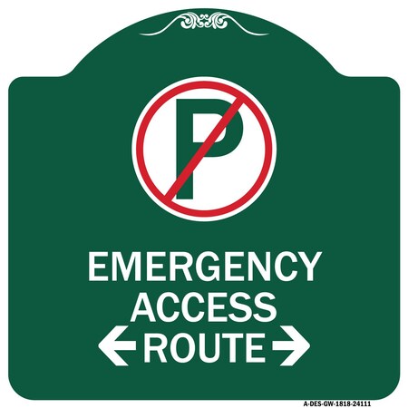 Signmission Emergency Access Route W/ Bidirectional Arrow, Green & White Aluminum Sign, 18" x 18", GW-1818-24111 A-DES-GW-1818-24111